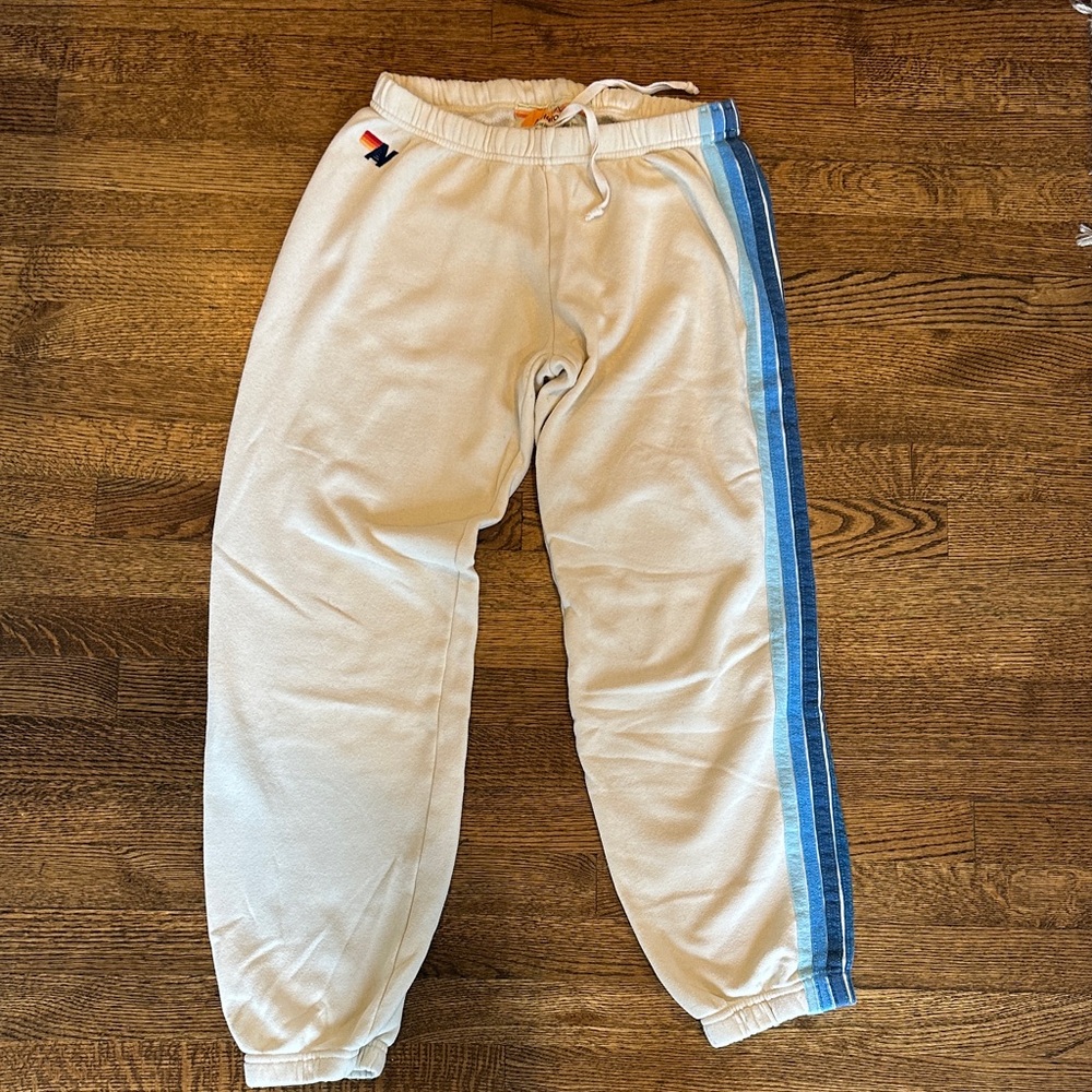 Aviator Nation Cream Joggers with  Blue Stripes XL